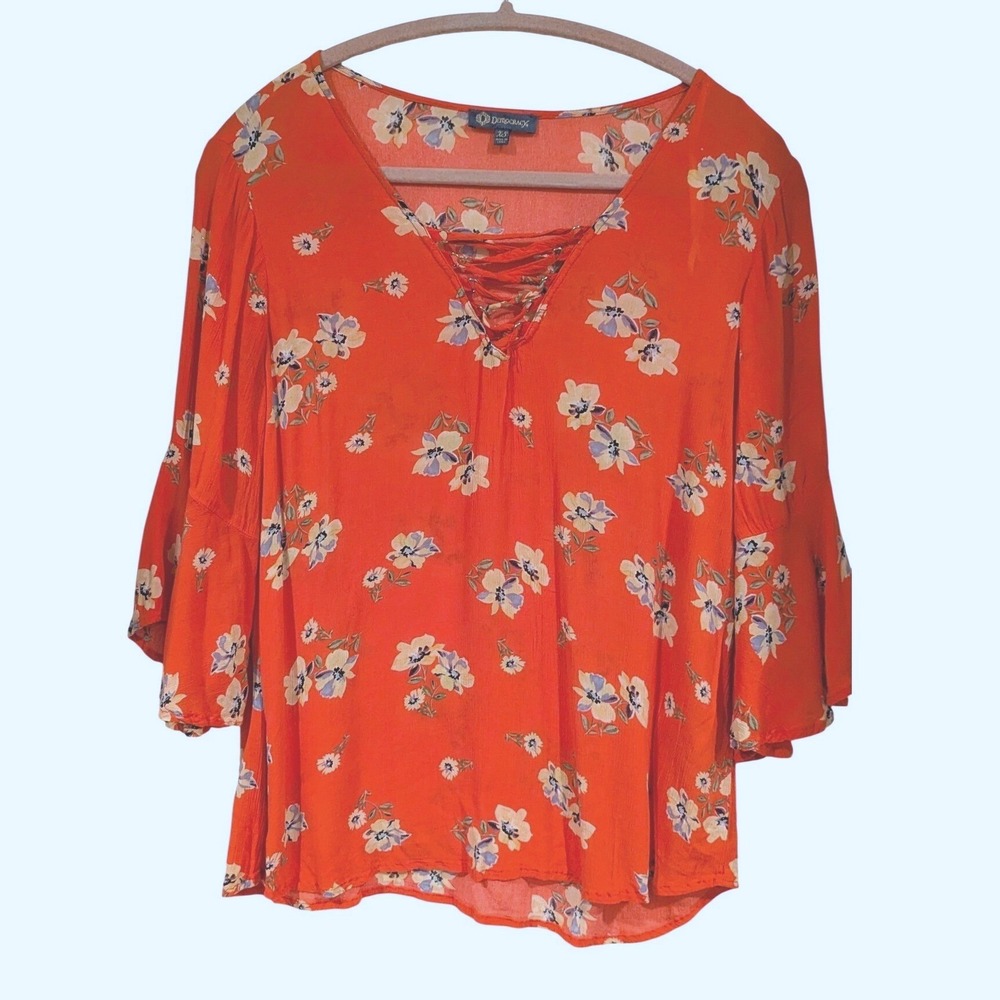 Democracy Womens XS Orange Floral Lace‎ Up V-Neck Bell Sleeve Blouse Bohemian